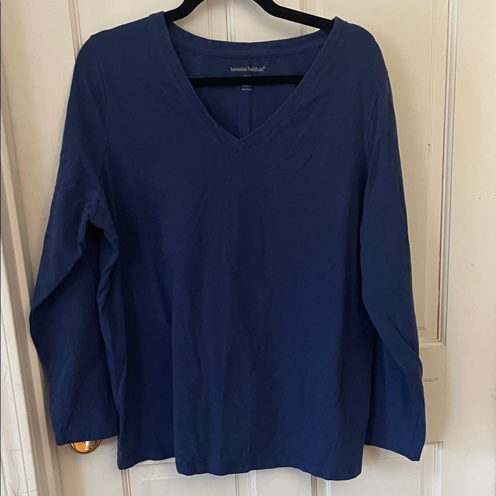 Woman Within Blue Long Sleeve V-Neck Tee